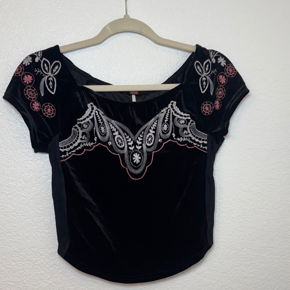 Free People Black Velvet Embroidered Scoop Neck Top
